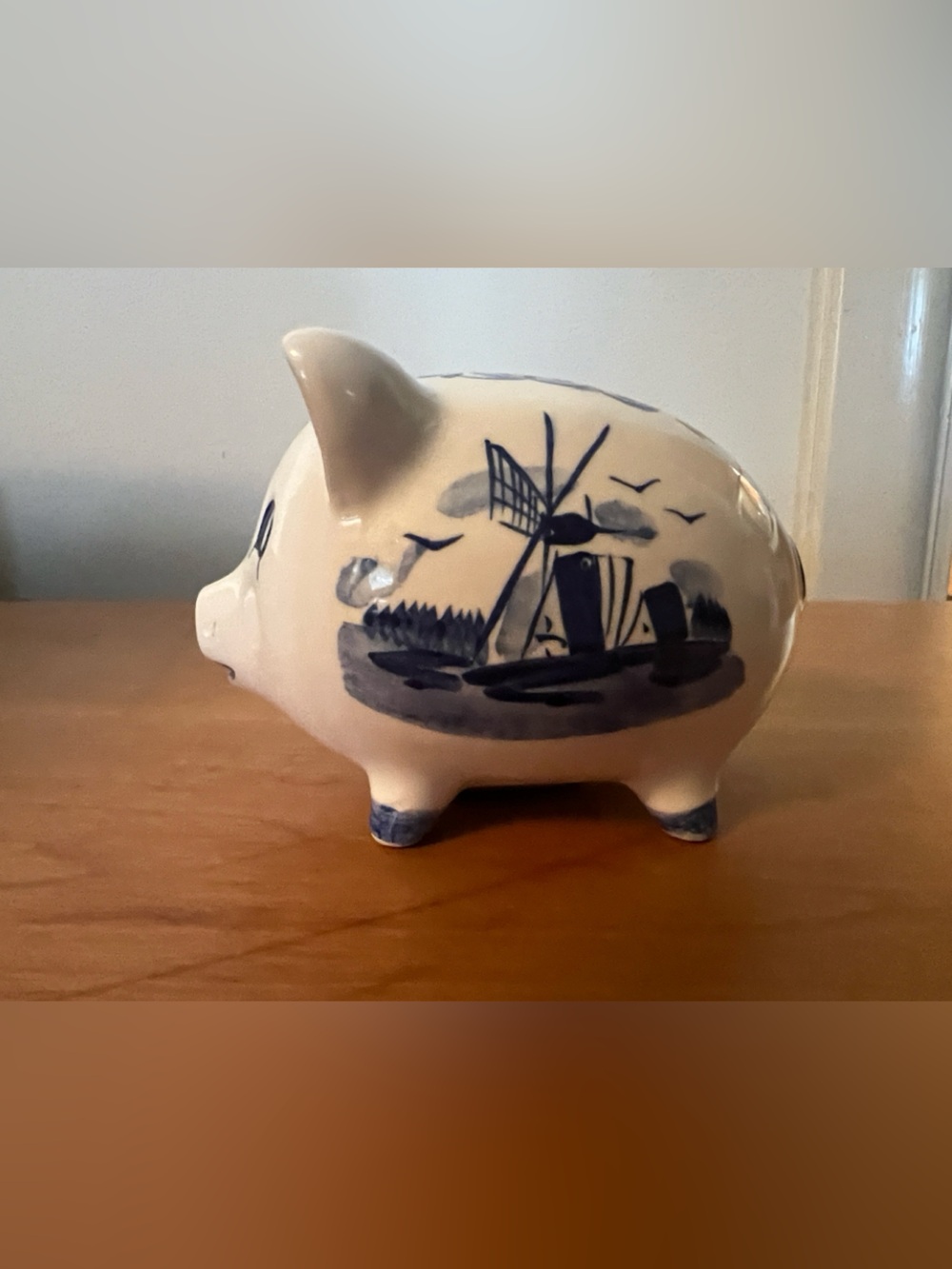 Vintage Delft Holland blue piggy Bank. Handpainted windmill floral